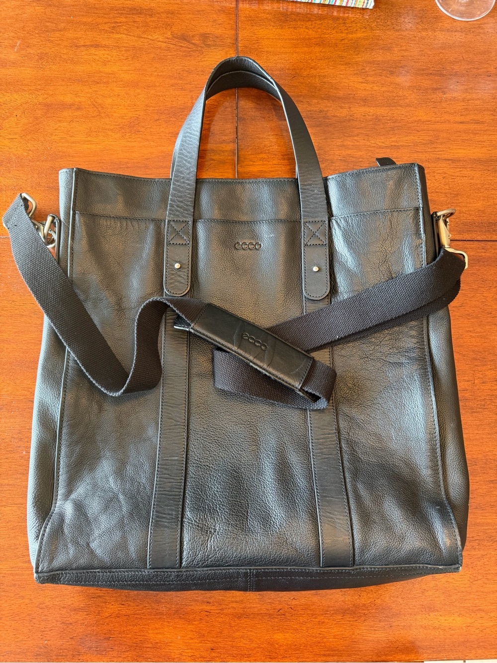 Ecco Black Leather Laptop Tote with Detachable Strap